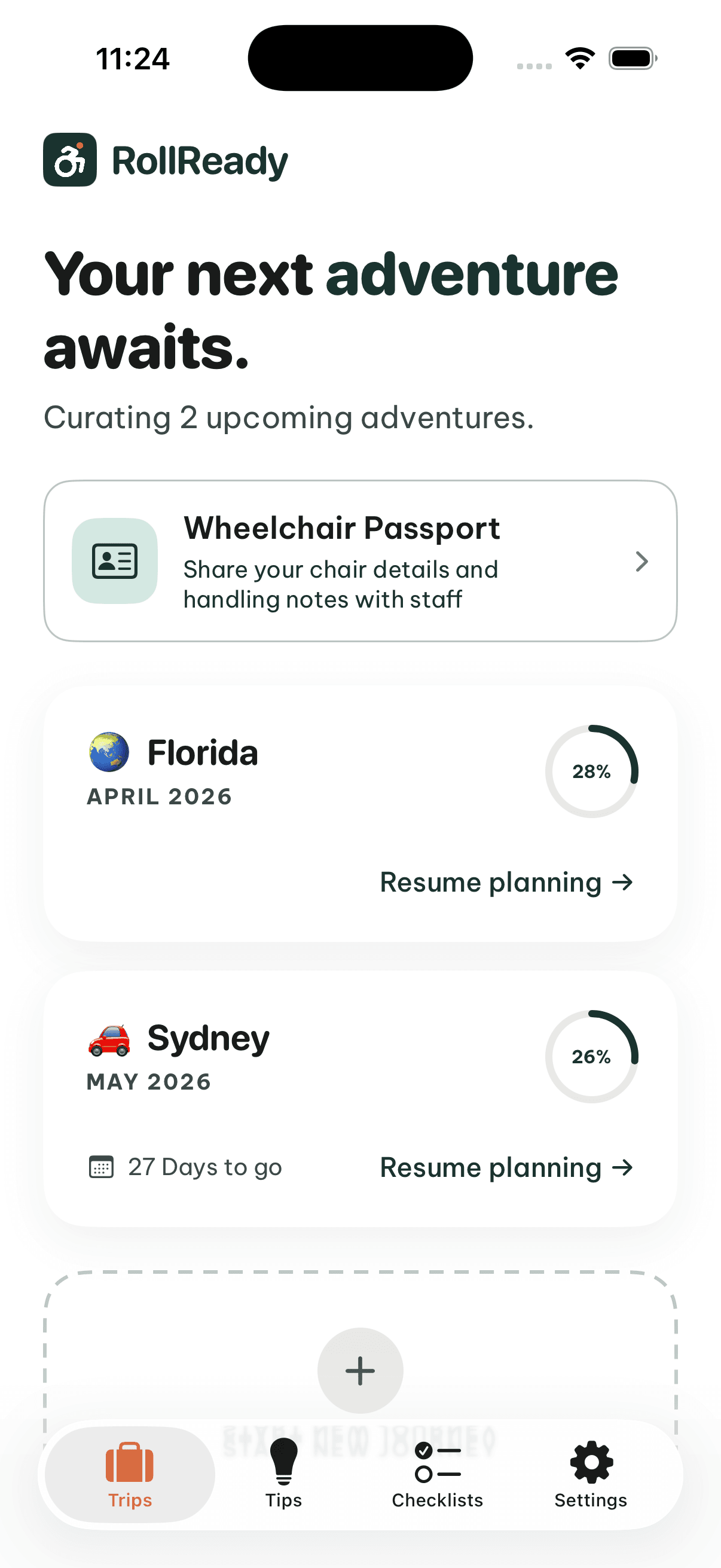 RollReady app dashboard showing 'Your next adventure awaits' with Florida and Sydney trips in progress, wheelchair passport card, and trip progress rings