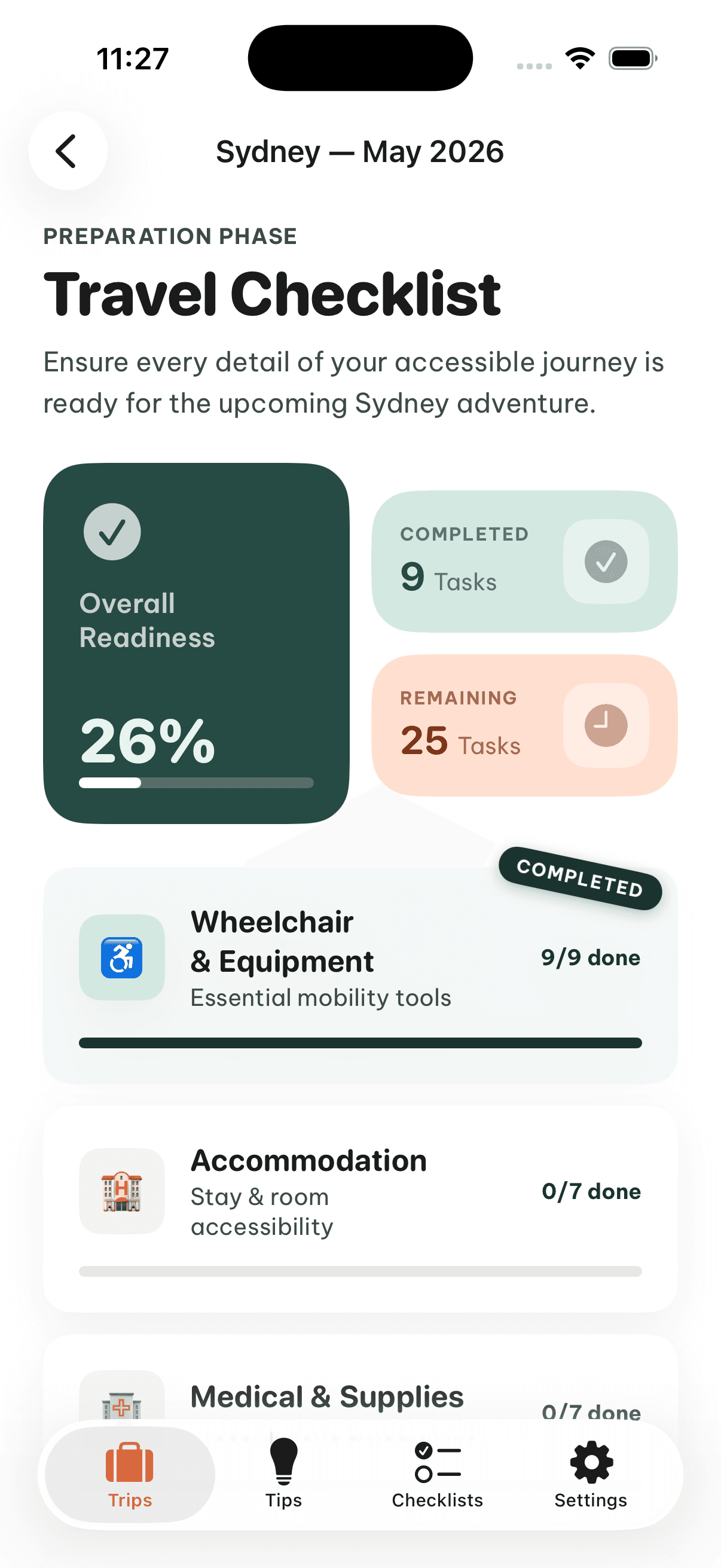 RollReady travel checklist for Sydney showing 26% overall readiness, Wheelchair & Equipment 9/9 completed, Accommodation and Medical & Supplies categories in progress