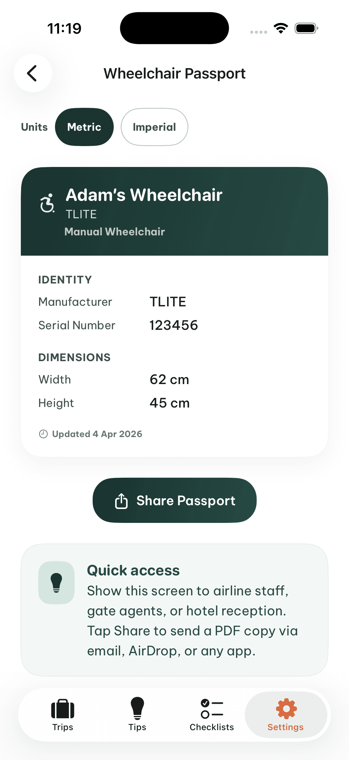 RollReady wheelchair passport showing Adam's Wheelchair with TLITE manufacturer, serial number, dimensions, metric/imperial toggle, and Share Passport button